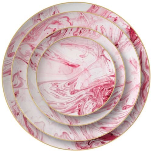Luxury Pink Ink Flow Pattern Gold Rimmed Bone China Dinnerware Set