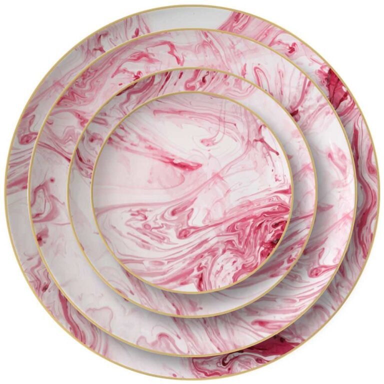 Luxury Pink Ink Flow Pattern Gold Rimmed Bone China Dinnerware Set