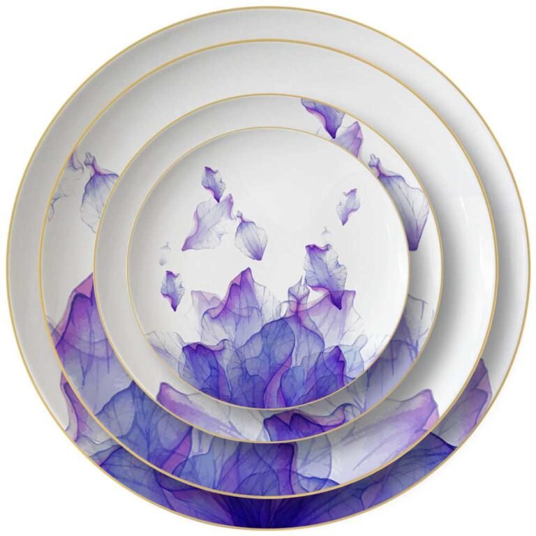 Luxury Purple Mist Petal Gold Rimmed Bone China Dinnerware Set