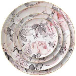 Luxury Sketch Style Pink Rose Gold-Rimmed Bone China Dinnerware Set