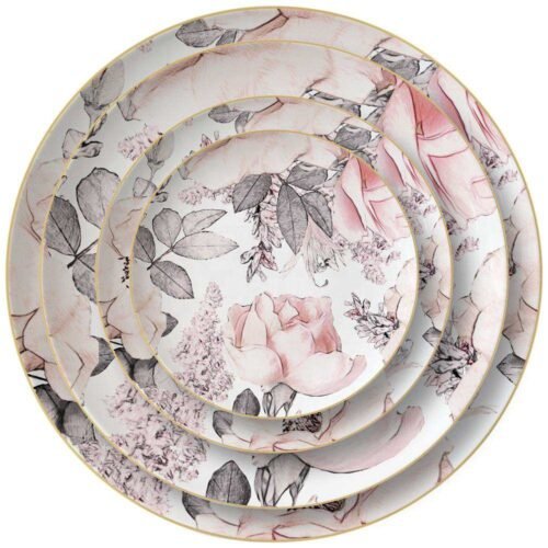 Luxury Sketch Style Pink Rose Gold-Rimmed Bone China Dinnerware Set