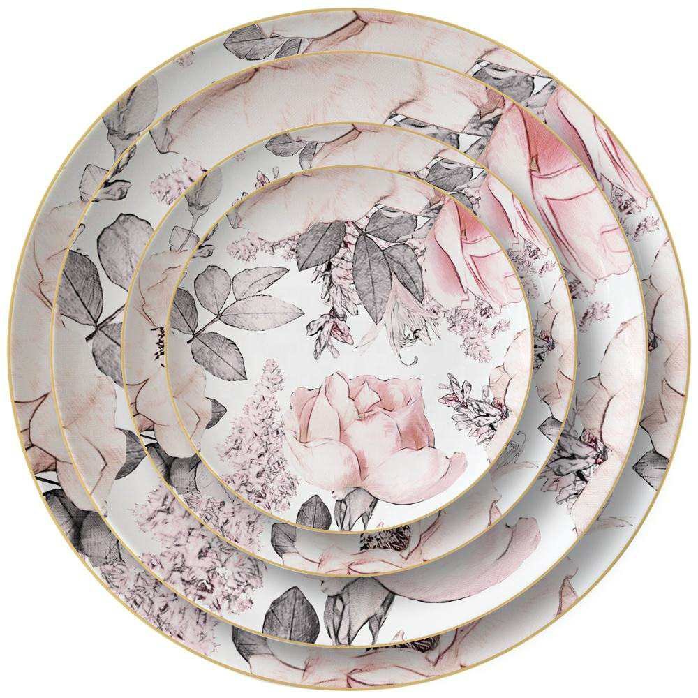 Luxury Sketch Style Pink Rose Gold-Rimmed Bone China Dinnerware Set