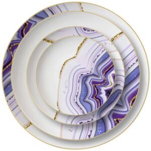 Luxury Amethyst Gold Veined Agate Patterned Bone China Dinnerware Set