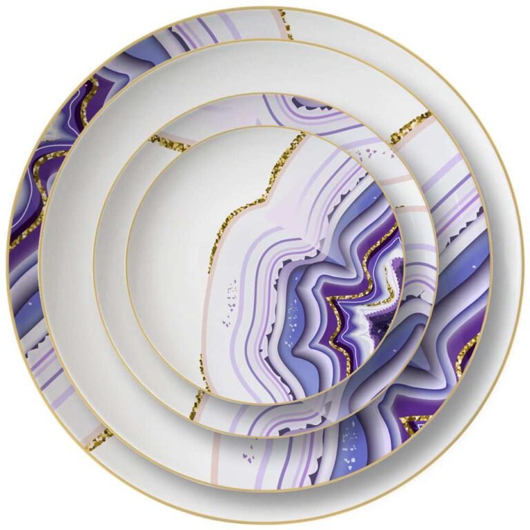 Luxury Amethyst Gold Veined Agate Patterned Bone China Dinnerware Set