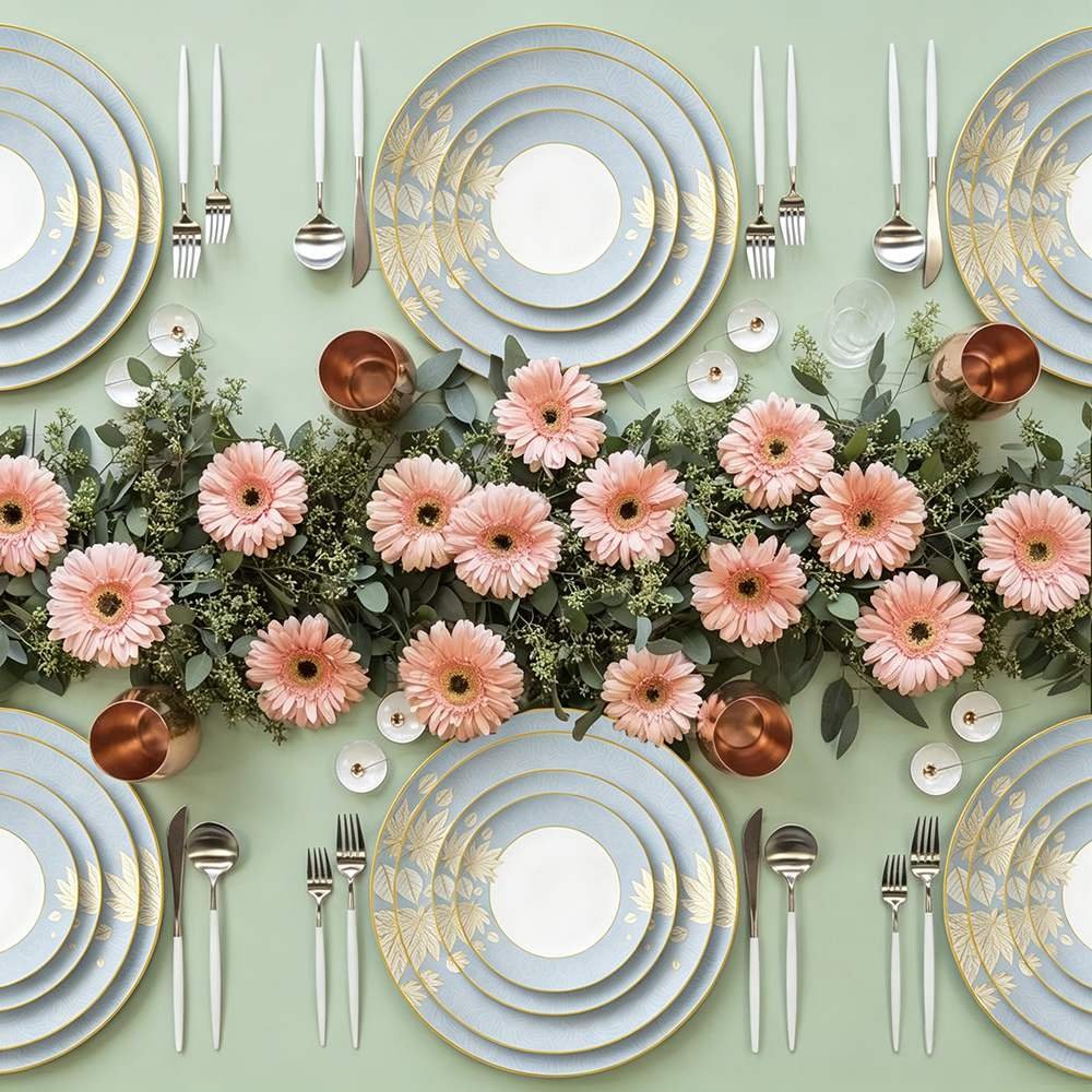 Luxury Light Blue Golden Leaf Bone China Dinnerware Set