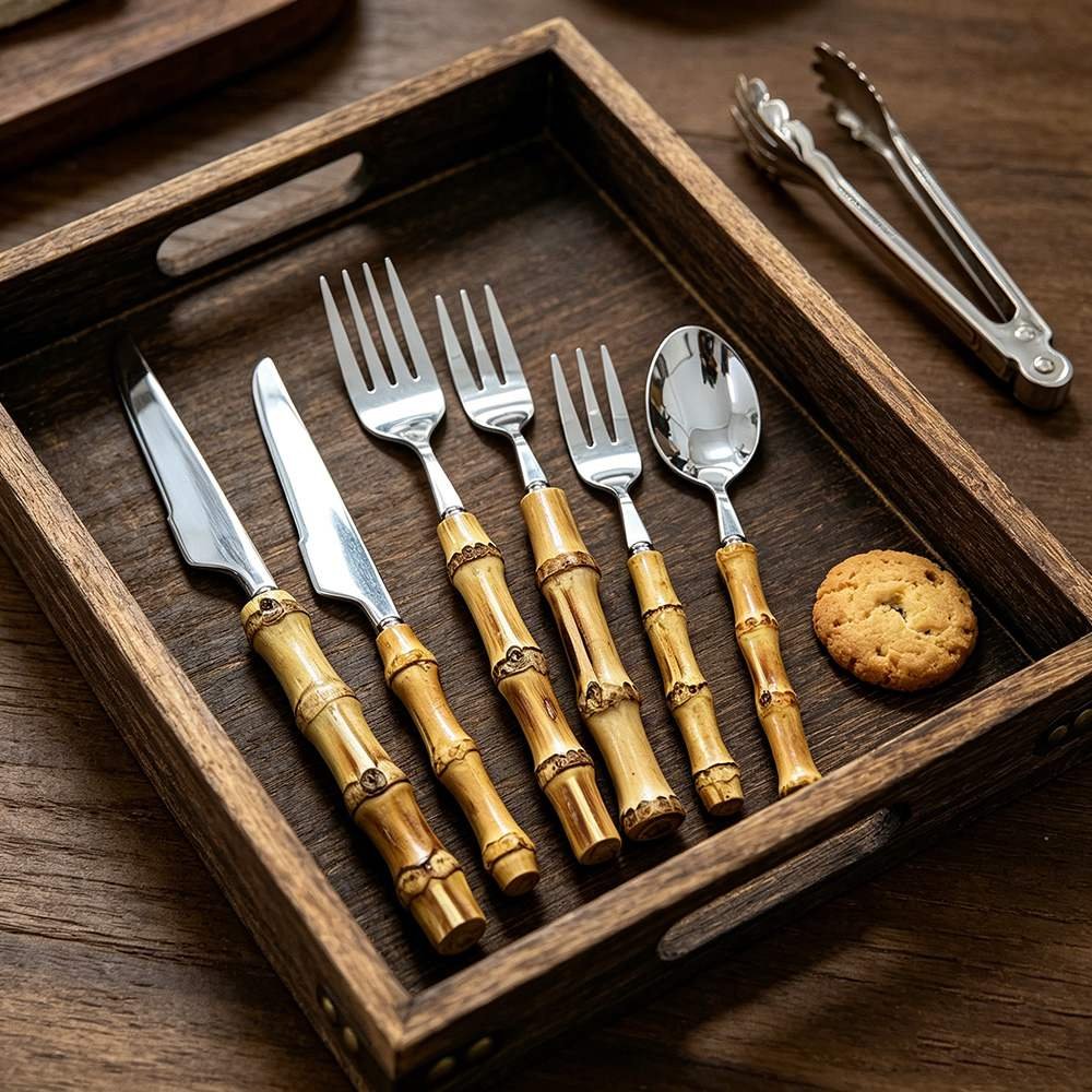 Natural Bamboo Node Handle Stainless Steel Cutlery Set