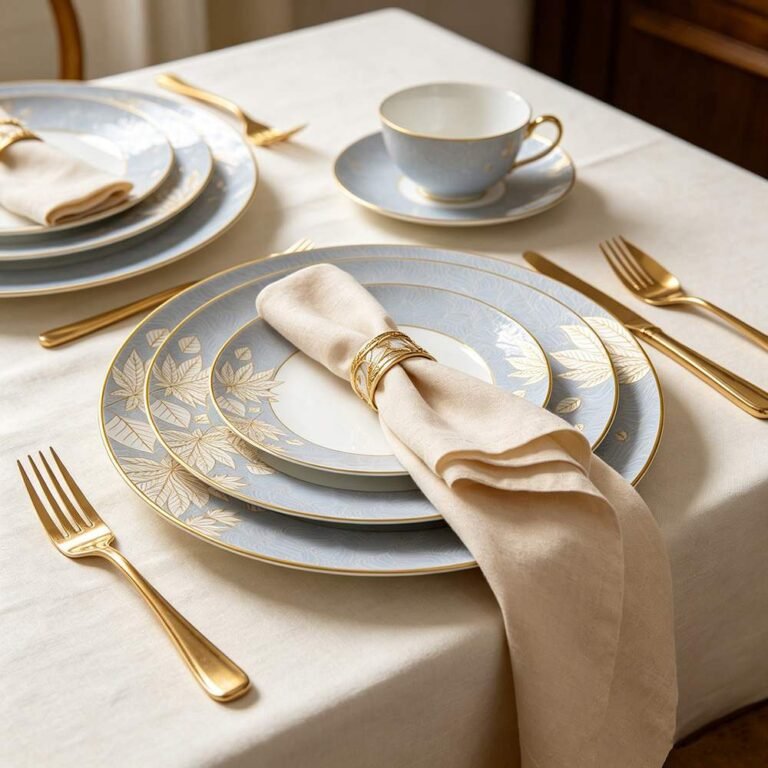 Luxury Light Blue Golden Leaf Bone China Dinnerware Set