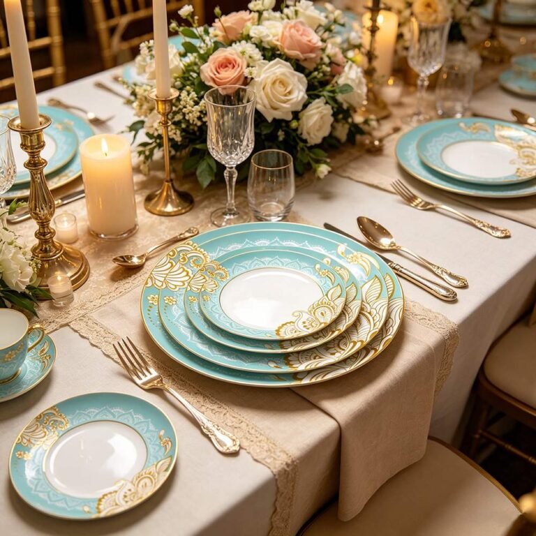 Exotic Tiffany Blue Gold Paisley Bone China Dinnerware Set
