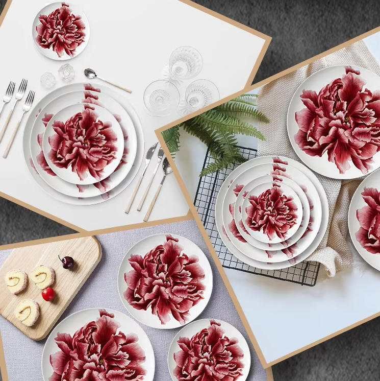 New Chinese Wealthy Red Peony Bone China Dinnerware Set
