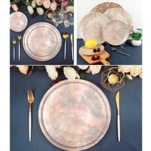Luxury Pink Gray Agate Patterned Bone China Dinnerware Set