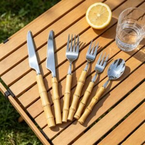 Natural Bamboo Node Handle Stainless Steel Cutlery Set
