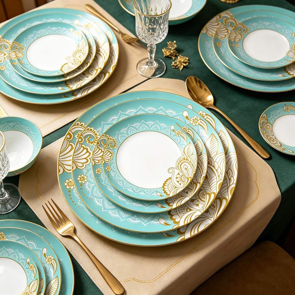 Exotic Tiffany Blue Gold Paisley Bone China Dinnerware Set