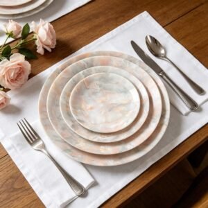 Luxury Pink Gray Agate Patterned Bone China Dinnerware Set