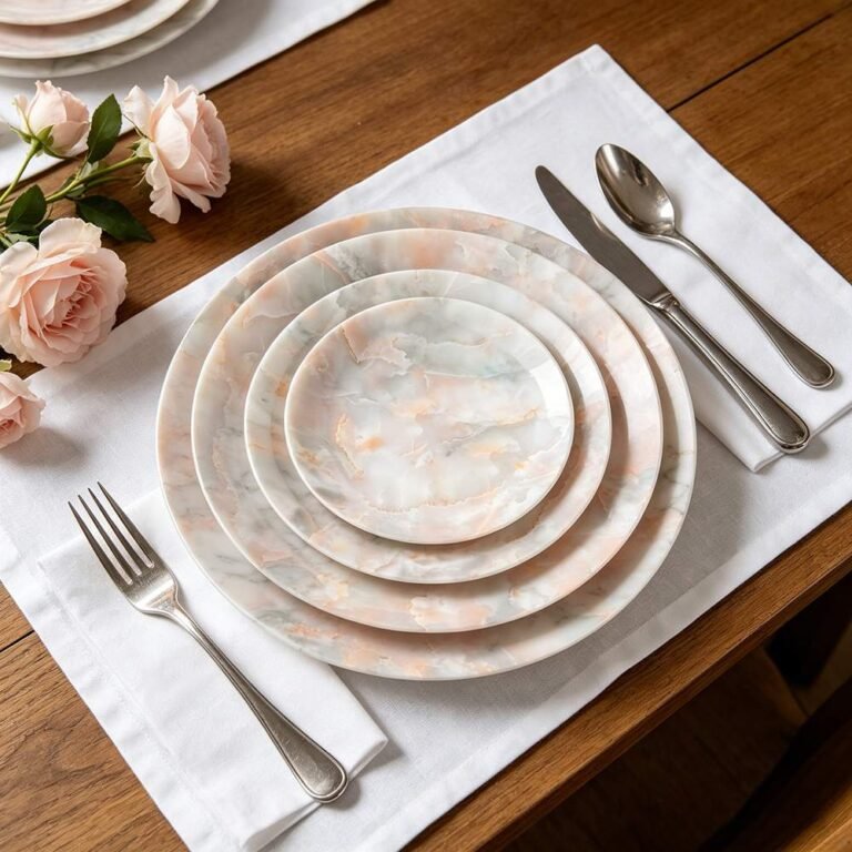 Luxury Pink Gray Agate Patterned Bone China Dinnerware Set