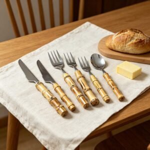 Natural Bamboo Node Handle Stainless Steel Cutlery Set