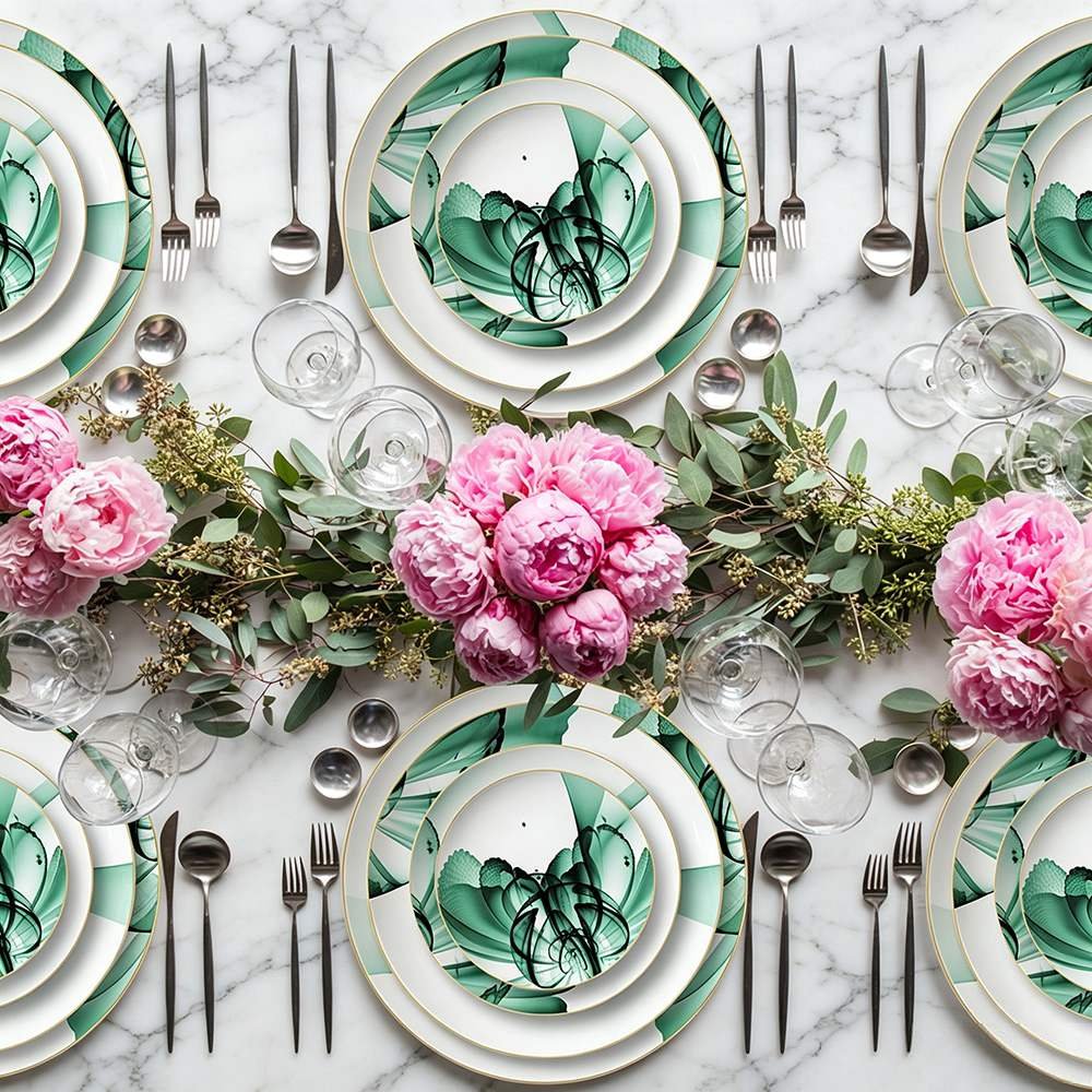 Luxury Green Mist Fantasy Flower Gold-Rimmed Bone China Dinnerware Set