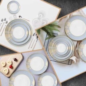 Luxury Light Blue Golden Leaf Bone China Dinnerware Set