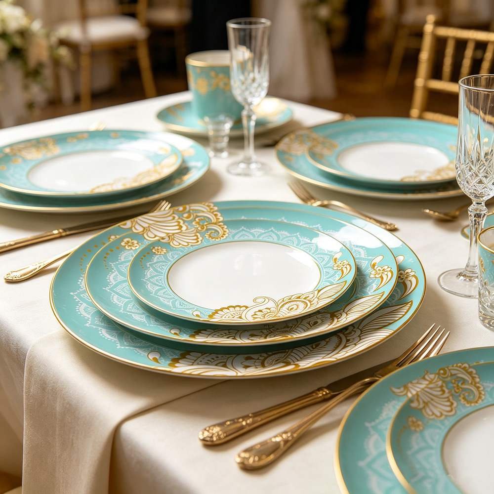 Exotic Tiffany Blue Gold Paisley Bone China Dinnerware Set