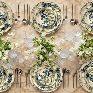 Vintage Watercolor Bohemian Floral Gold-Rimmed Bone China Dinnerware Set