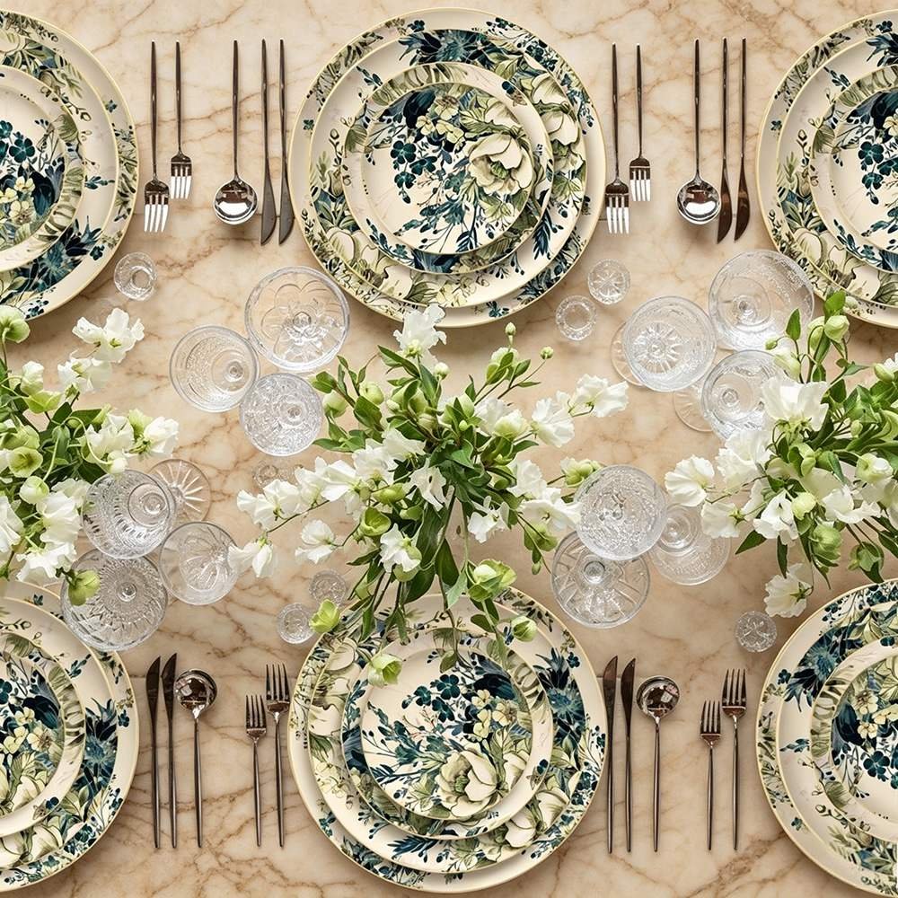 Vintage Watercolor Bohemian Floral Gold-Rimmed Bone China Dinnerware Set