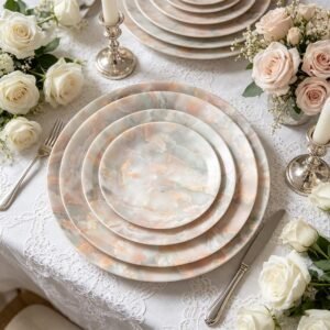 Luxury Pink Gray Agate Patterned Bone China Dinnerware Set