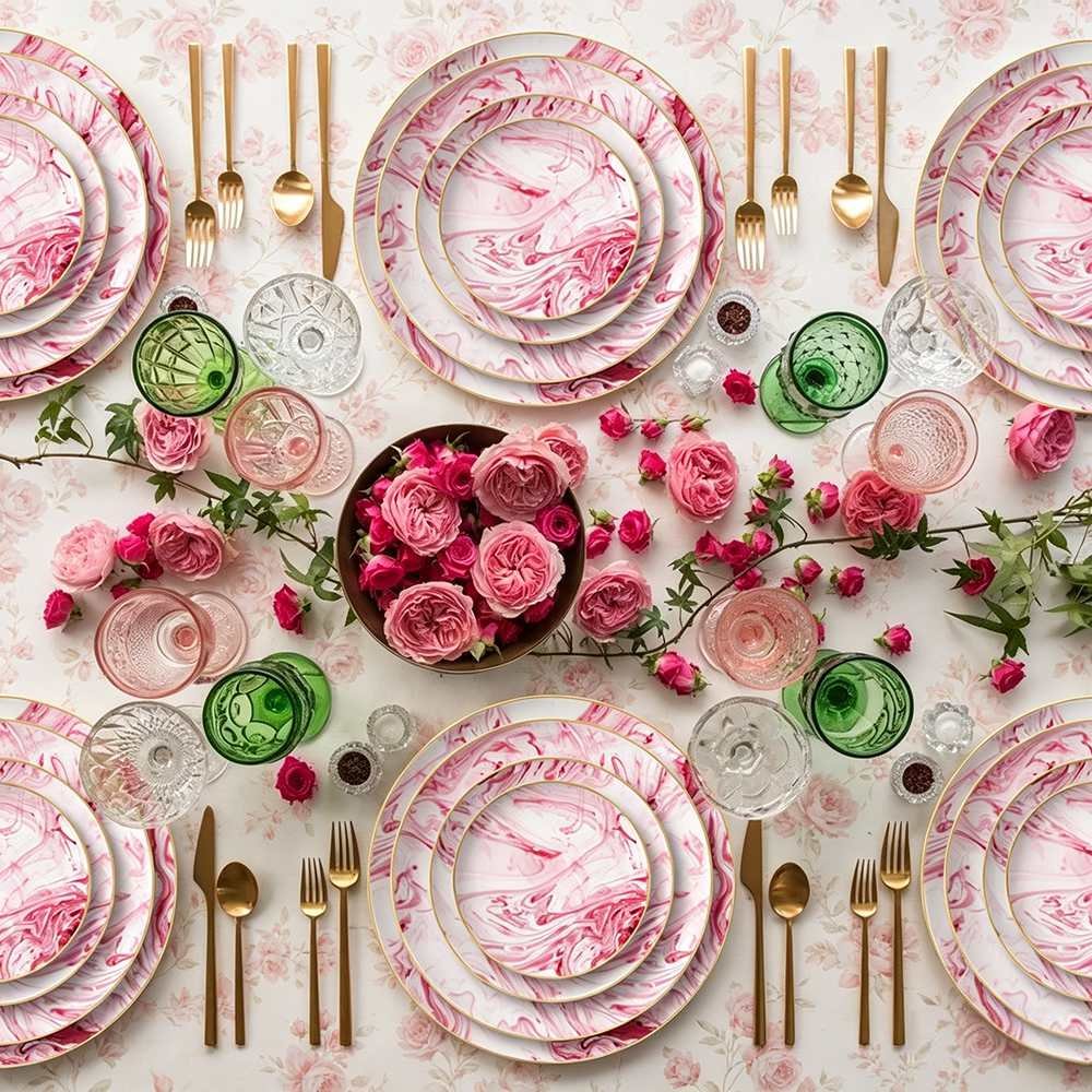 Luxury Pink Ink Flow Pattern Gold Rimmed Bone China Dinnerware Set