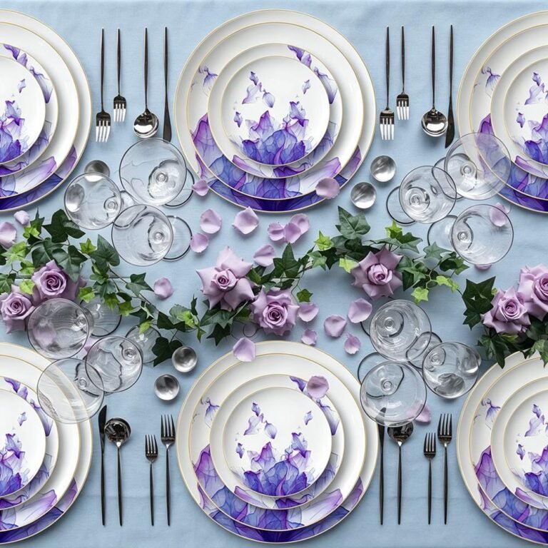 Luxury Purple Mist Petal Gold Rimmed Bone China Dinnerware Set