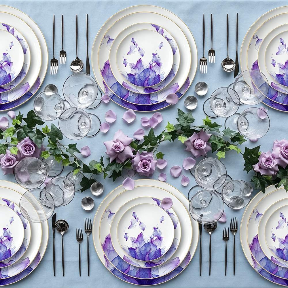 Luxury Purple Mist Petal Gold Rimmed Bone China Dinnerware Set