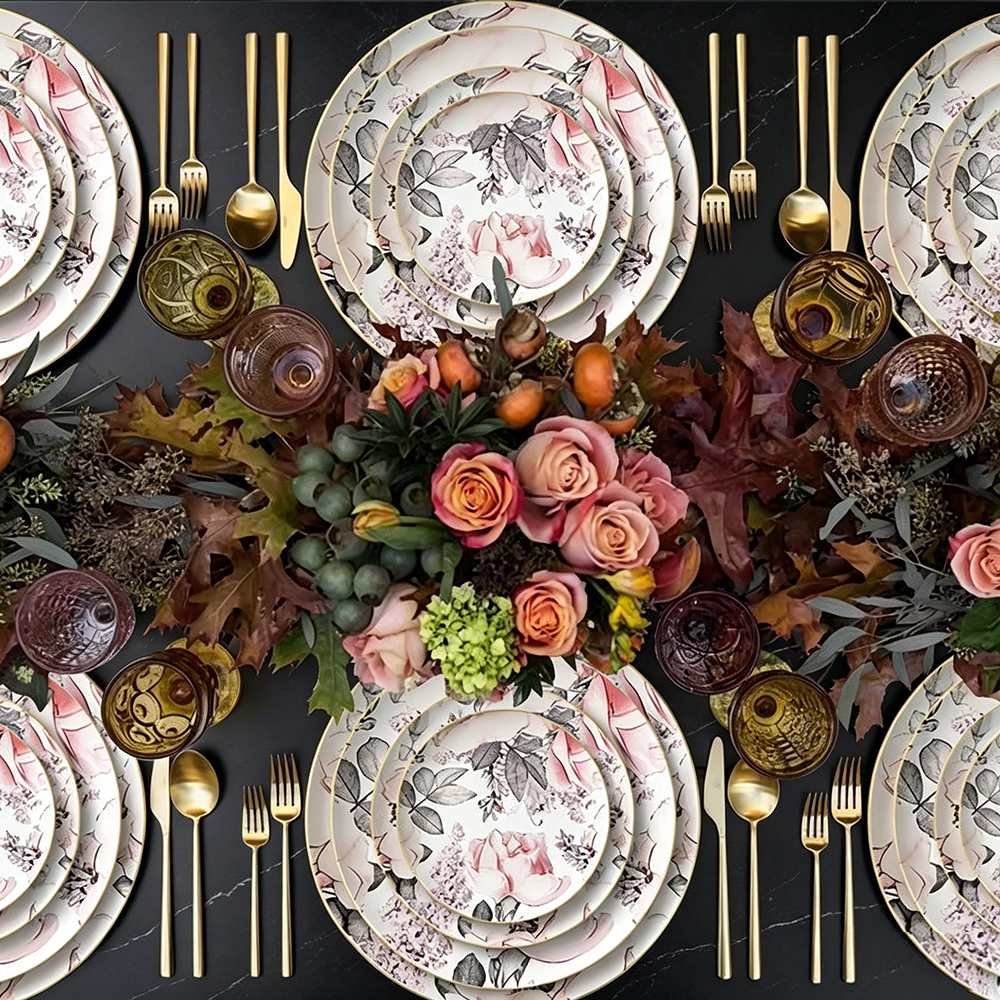 Luxury Sketch Style Pink Rose Gold-Rimmed Bone China Dinnerware Set