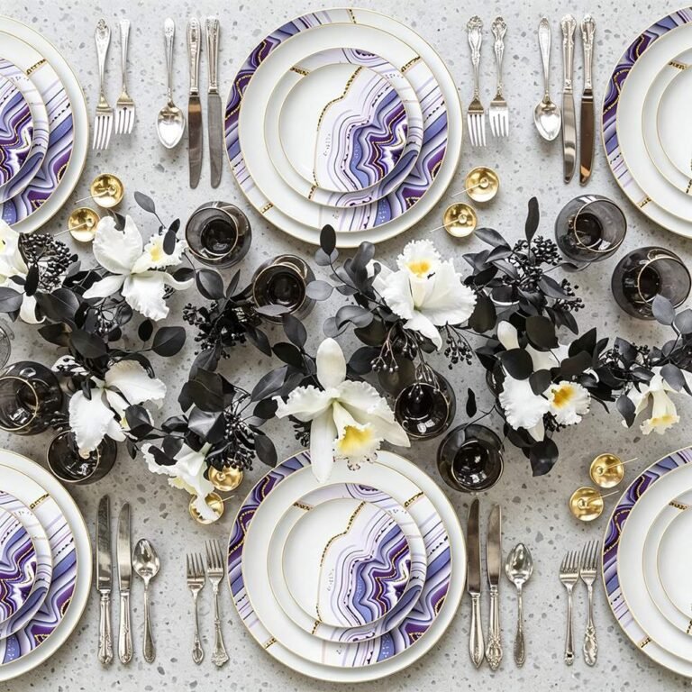Luxury Amethyst Gold Veined Agate Patterned Bone China Dinnerware Set
