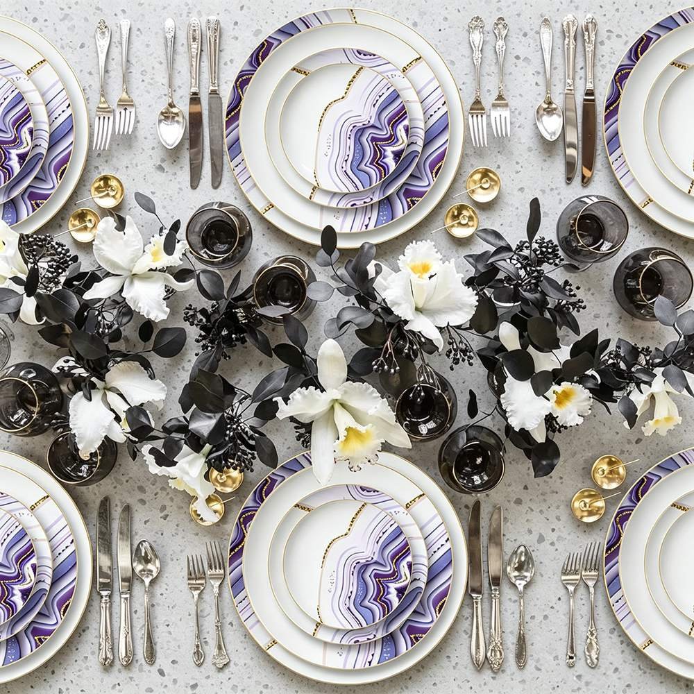 Luxury Amethyst Gold Veined Agate Patterned Bone China Dinnerware Set