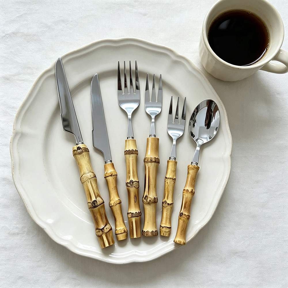 Natural Bamboo Node Handle Stainless Steel Cutlery Set