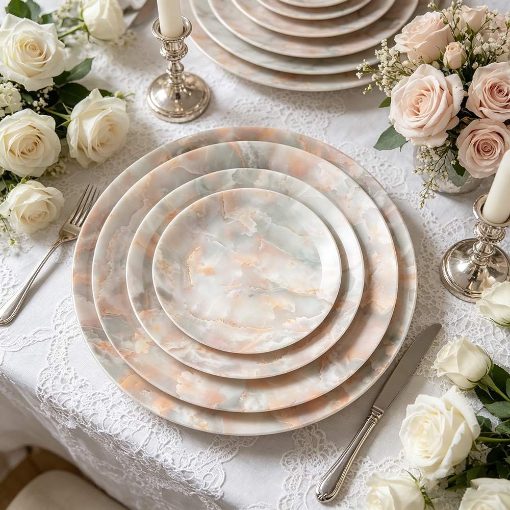 Luxury Pink Gray Agate Patterned Bone China Dinnerware Set