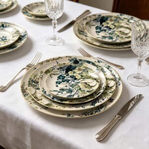 Vintage Watercolor Bohemian Floral Gold-Rimmed Bone China Dinnerware Set