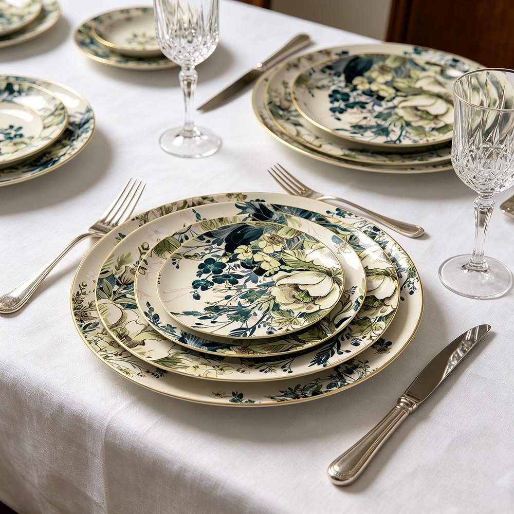 Vintage Watercolor Bohemian Floral Gold-Rimmed Bone China Dinnerware Set