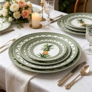 Tropical Rattan-Woven Pineapple Bone China Dinnerware Set