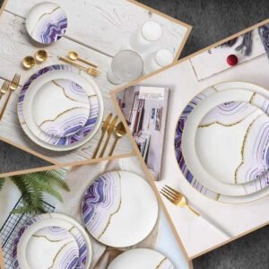 Luxury Amethyst Gold Veined Agate Patterned Bone China Dinnerware Set