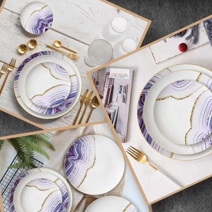 Luxury Amethyst Gold Veined Agate Patterned Bone China Dinnerware Set