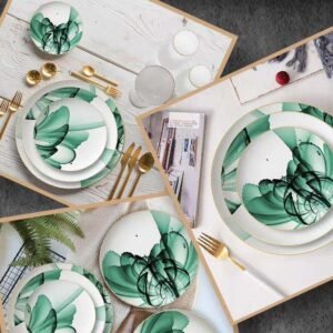 Luxury Green Mist Fantasy Flower Gold-Rimmed Bone China Dinnerware Set