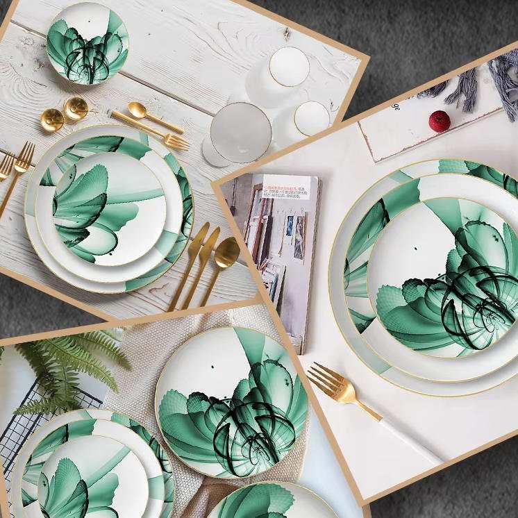 Luxury Green Mist Fantasy Flower Gold-Rimmed Bone China Dinnerware Set