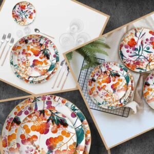 Watercolor Autumn Berry Gold Rimmed Bone China Dinnerware Set