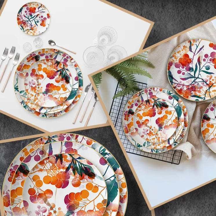Watercolor Autumn Berry Gold Rimmed Bone China Dinnerware Set