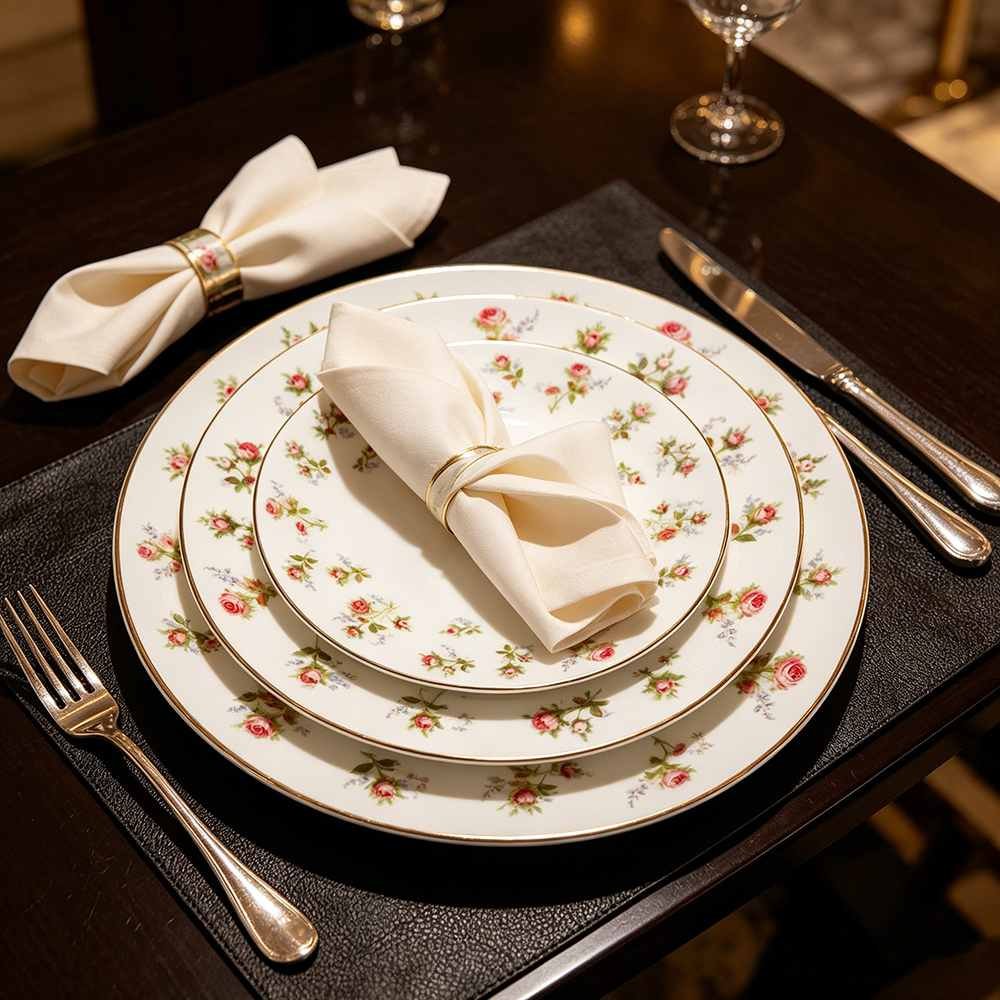 British Country-Style Rose Gold Rimmed Bone China Dinnerware Set