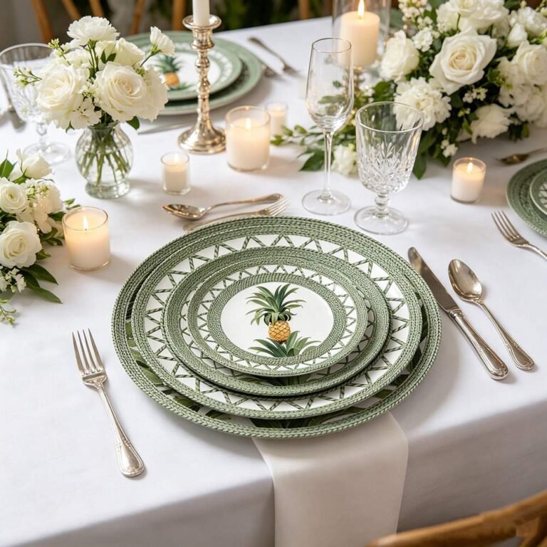 Tropical Rattan-Woven Pineapple Bone China Dinnerware Set