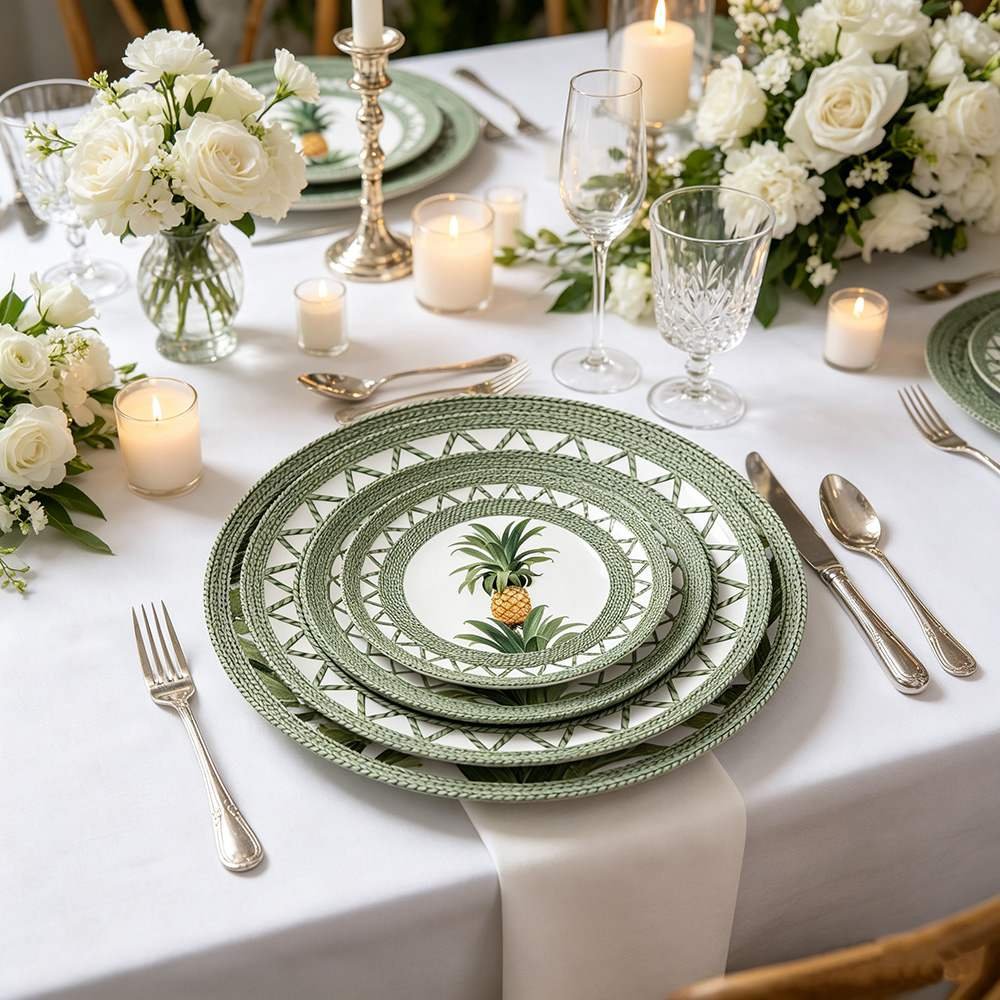 Tropical Rattan-Woven Pineapple Bone China Dinnerware Set