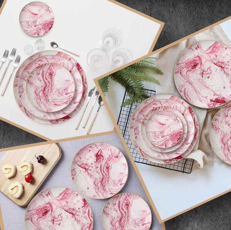 Luxury Pink Ink Flow Pattern Gold Rimmed Bone China Dinnerware Set