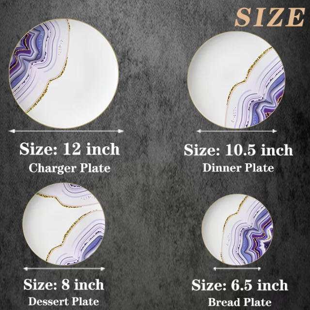 Luxury Amethyst Gold Veined Agate Patterned Bone China Dinnerware Set