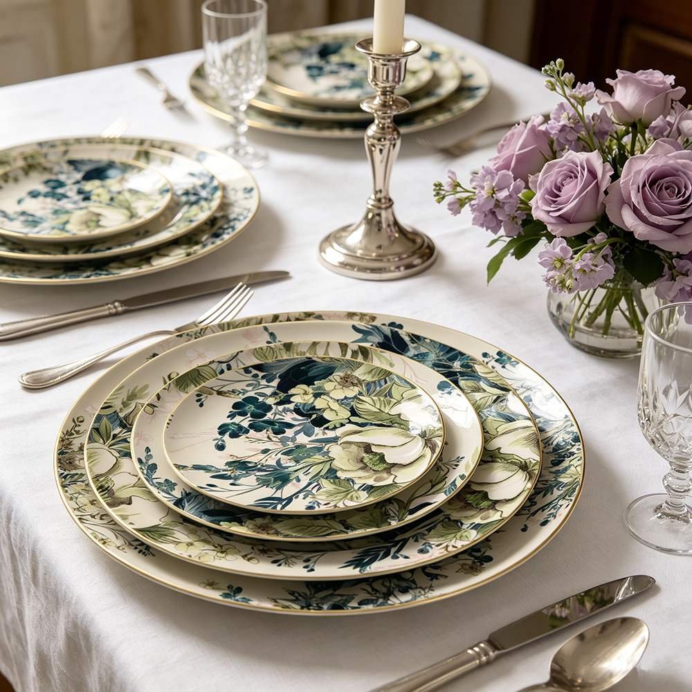 Vintage Watercolor Bohemian Floral Gold-Rimmed Bone China Dinnerware Set