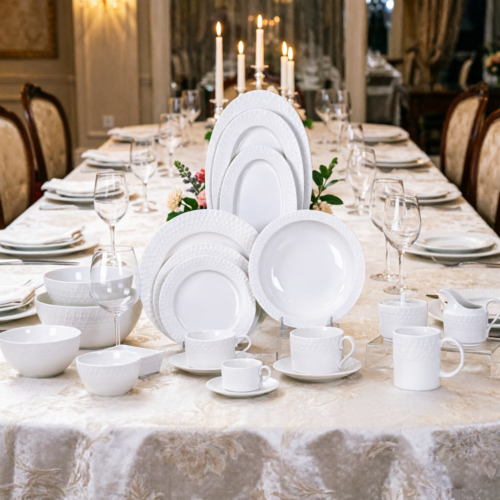 Embossed white porcelain dinnerware set good price customize size and design for home hotel and restaurant