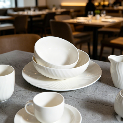 High-Transparency, Lustrous White Spiral Bone China Bowls, Plates, and Cups - Luxury Home, Wedding, Business Banquet Sets